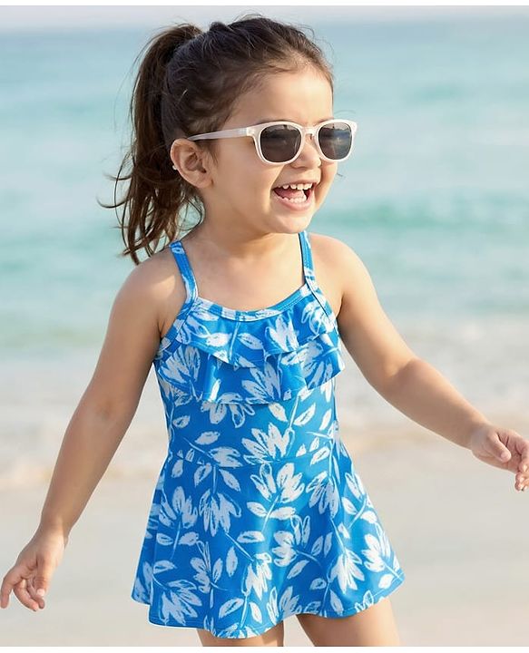 Babyhug Water Repellant Sleeveless Frock Swimsuit With Floral Print - Light Blue