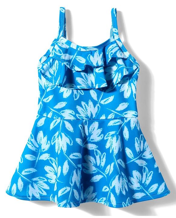 Babyhug Water Repellant Sleeveless Frock Swimsuit With Floral Print - Light Blue