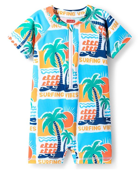Babyhug Water Repellent Half Sleeves Legged Swimsuit With Tropical Print - Aqua Blue
