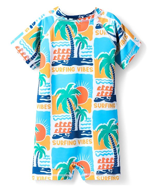 Babyhug Water Repellent Half Sleeves Legged Swimsuit With Tropical Print - Aqua Blue