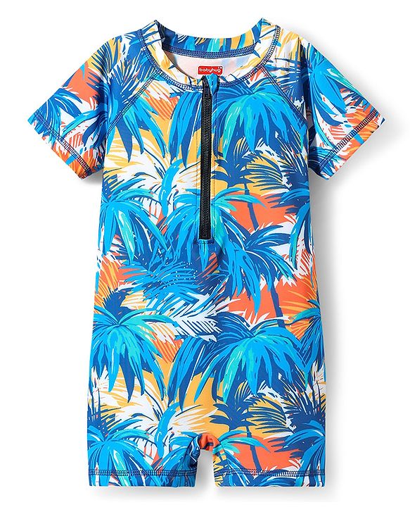 Babyhug Water Repellent Half Sleeves Legged Swimsuit With Tropical Print - Aqua Blue