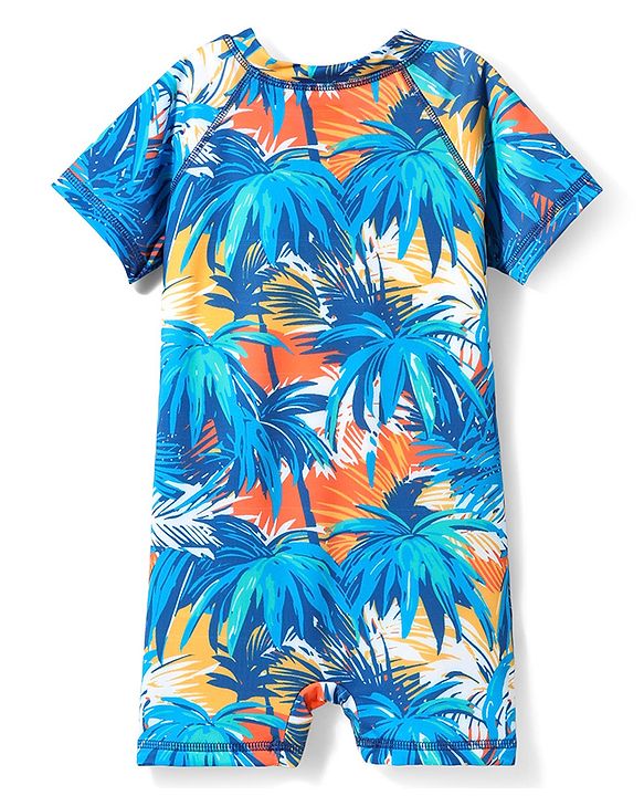 Babyhug Water Repellent Half Sleeves Legged Swimsuit With Tropical Print - Aqua Blue