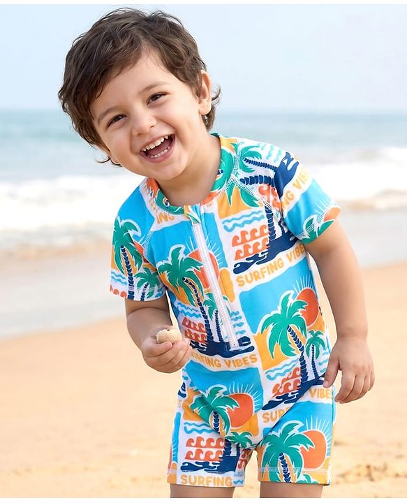 Babyhug Water Repellent Half Sleeves Legged Swimsuit With Tropical Print - Blue