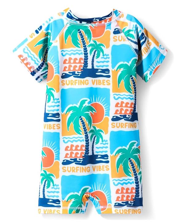 Babyhug Water Repellent Half Sleeves Legged Swimsuit With Tropical Print - Blue