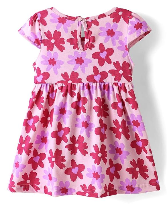 Babyhug Single Jersey Knit Cap Sleeves Floral Printed Frocks With Bow Applique Pack of 2 - Pink & Lavender