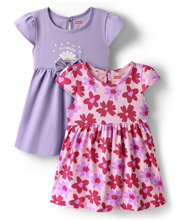 Babyhug Single Jersey Knit Cap Sleeves Floral Printed Frocks With Bow Applique Pack of 2 - Pink & Lavender