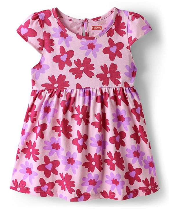 Babyhug Single Jersey Knit Cap Sleeves Floral Printed Frocks With Bow Applique Pack of 2 - Pink & Lavender