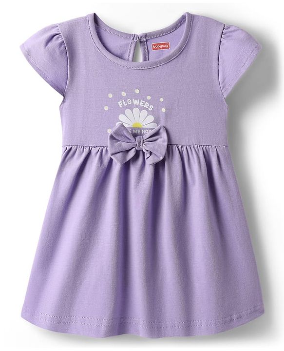 Babyhug Single Jersey Knit Cap Sleeves Floral Printed Frocks With Bow Applique Pack of 2 - Pink & Lavender