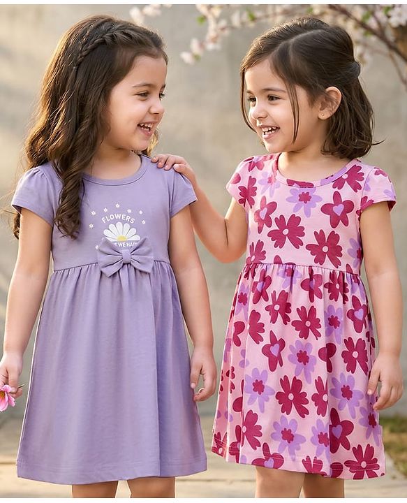 Babyhug Single Jersey Knit Cap Sleeves Floral Printed Frocks With Bow Applique Pack of 2 - Pink & Lavender