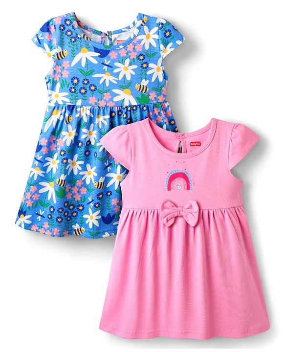 Babyhug Single Jersey Half Sleeves Frocks with Floral & Rainbow Pack of 2 - Pink & Blue