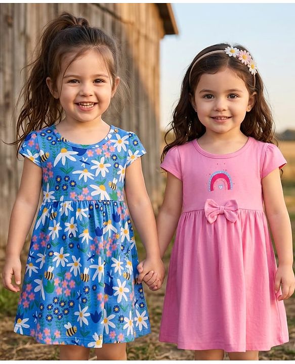 Babyhug Single Jersey Half Sleeves Frocks with Floral & Rainbow Pack of 2 - Pink & Blue