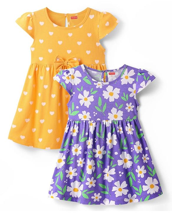 Babyhug Single Jersey Knit Cap Sleeves Floral & Heart Printed Frocks With Bow Applique Pack of 2 -Orange & Navy Blue