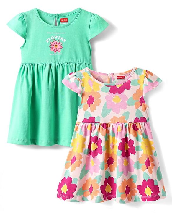Babyhug Single Jersey Knit Half Sleeves Frock With Floral Print Pack Of 2 - Pink & Light Green