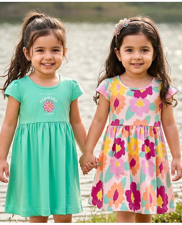 Babyhug Single Jersey Knit Half Sleeves Frock With Floral Print Pack Of 2 - Pink & Light Green