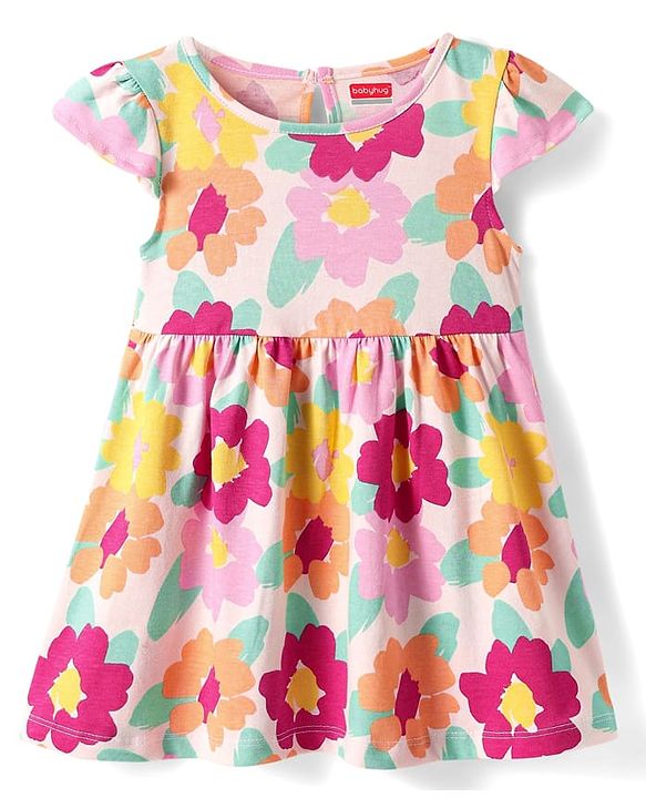 Babyhug Single Jersey Knit Half Sleeves Frock With Floral Print Pack Of 2 - Pink & Light Green
