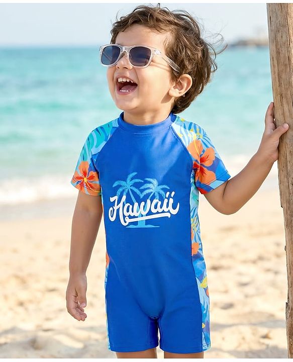 Babyhug Water Repellant Half Raglan Sleeves Legged Swimsuit with Beach Theme & Hawaii Typography Print - Navy Blue