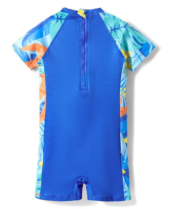 Babyhug Water Repellant Half Raglan Sleeves Legged Swimsuit with Beach Theme & Hawaii Typography Print - Navy Blue