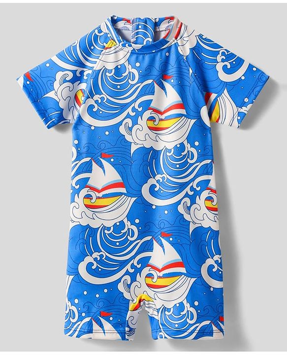 Babyhug Water Repellant Half Sleeves Legged Swimsuit With Boat Print - Blue
