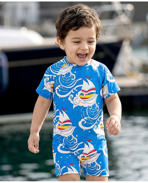 Babyhug Water Repellant Half Sleeves Legged Swimsuit With Boat Print - Blue