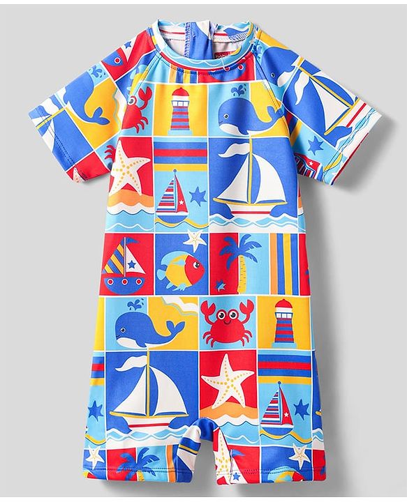 Babyhug Water Repellant Half Sleeves Legged Swimsuit With Boat Print - Blue