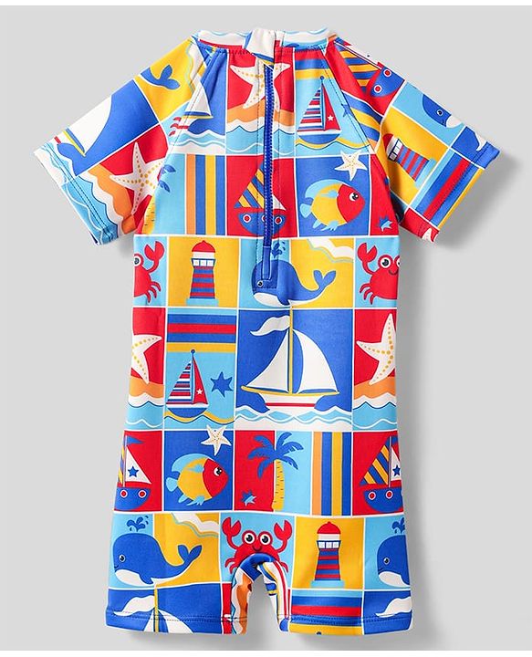 Babyhug Water Repellant Half Sleeves Legged Swimsuit With Boat Print - Blue
