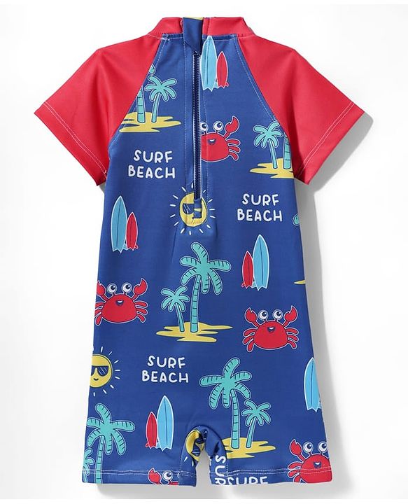 Babyhug Water Resistant Half Raglan Sleeves Legged Swim Suit With Beach Theme Print - Navy Blue & Red