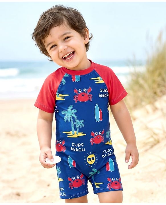 Babyhug Water Resistant Half Raglan Sleeves Legged Swim Suit With Beach Theme Print - Navy Blue & Red