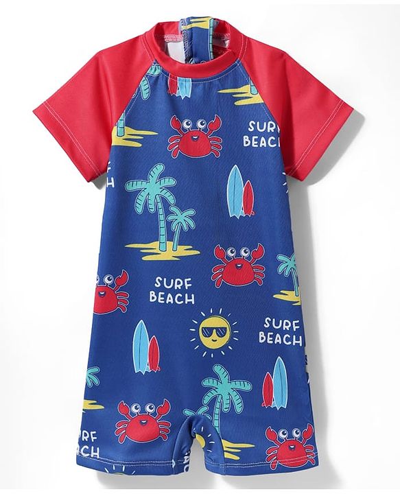 Babyhug Water Resistant Half Raglan Sleeves Legged Swim Suit With Beach Theme Print - Navy Blue & Red