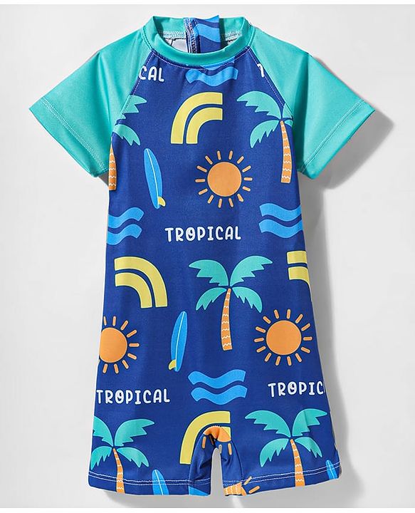 Babyhug Water Repellant Half Raglan Sleeves Legged Swimsuit With Beach Theme Print - Blue