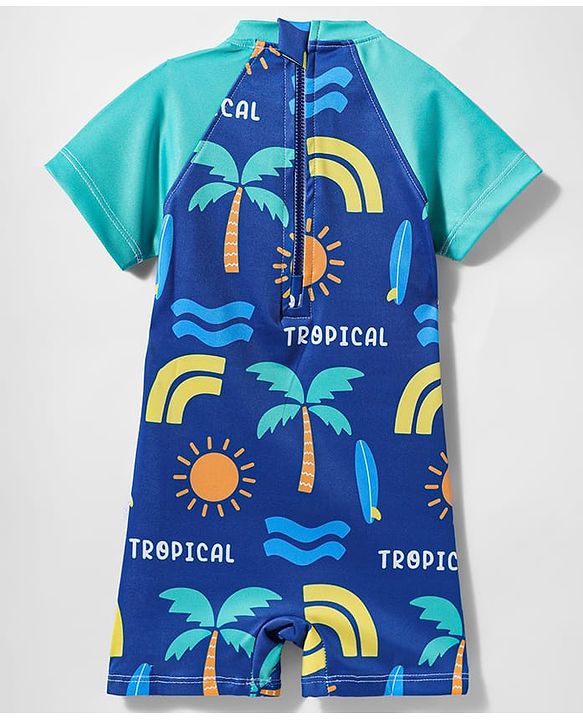 Babyhug Water Repellant Half Raglan Sleeves Legged Swimsuit With Beach Theme Print - Blue