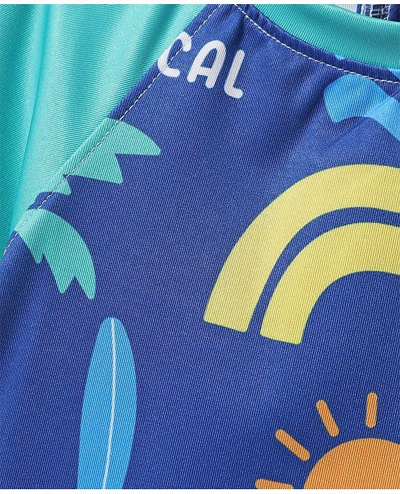 Babyhug Water Repellant Half Raglan Sleeves Legged Swimsuit With Beach Theme Print - Blue