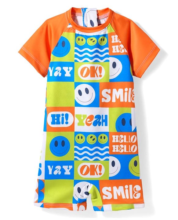 Babyhug Half Raglan Sleeves Water Repellent Emojis Print Legged Swimsuit - Orange