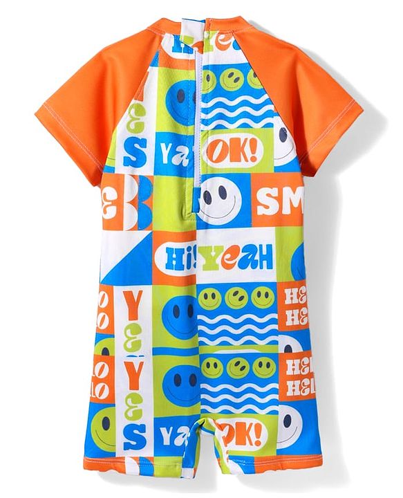 Babyhug Half Raglan Sleeves Water Repellent Emojis Print Legged Swimsuit - Orange