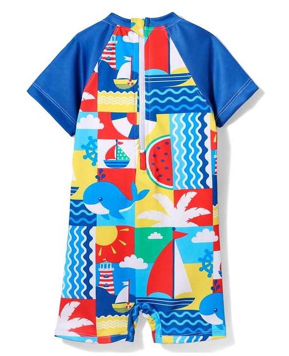 Babyhug Half Raglan Sleeves Water Repellent Sea Life Theme Legged Swimsuit - Navy Blue
