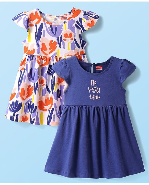 Babyhug Single Jersey Knit Short Sleeves Frocks With Floral Print Pack Of 2 - Blue