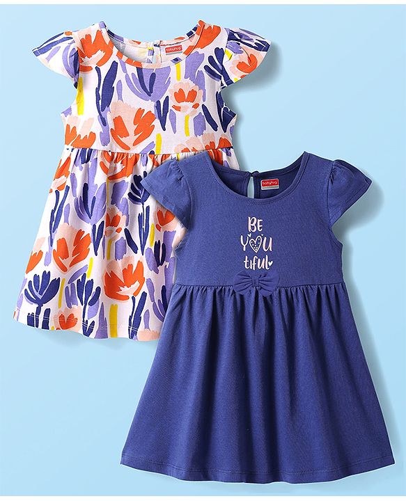 Babyhug Single Jersey Knit Short Sleeves Frocks With Floral Print Pack Of 2 - Blue