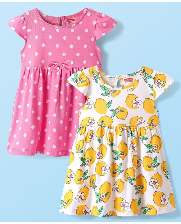 Babyhug Single Jersey Knit Short Sleeves Frocks With Polka Dots & Floral Print Pack Of 2 - Pink & White