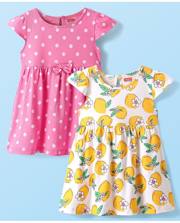 Babyhug Single Jersey Knit Short Sleeves Frocks With Polka Dots & Floral Print Pack Of 2 - Pink & White