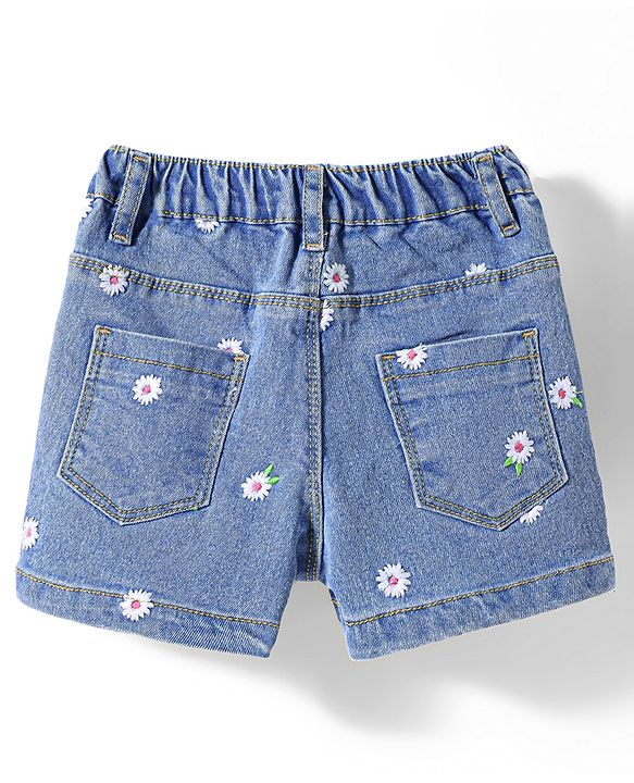 Babyhug Denim Mid Thigh Shorts With Floral Embroidery & Stretch- Blue