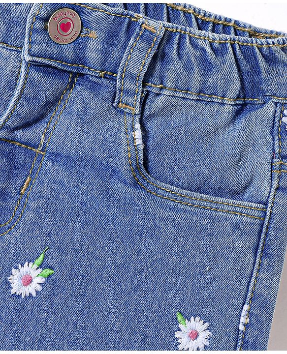Babyhug Denim Mid Thigh Shorts With Floral Embroidery & Stretch- Blue