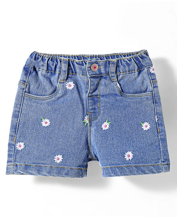 Babyhug Denim Mid Thigh Shorts With Floral Embroidery & Stretch- Blue