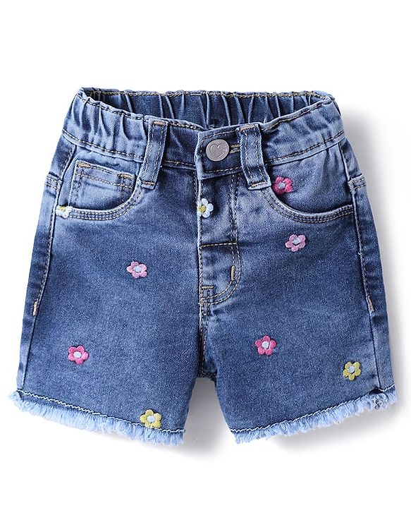 Babyhug Mid Thigh Washed Denim Shorts With Stretch & Floral Embroidery - Blue