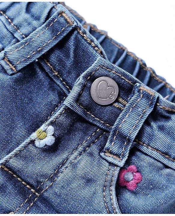 Babyhug Mid Thigh Washed Denim Shorts With Stretch & Floral Embroidery - Blue