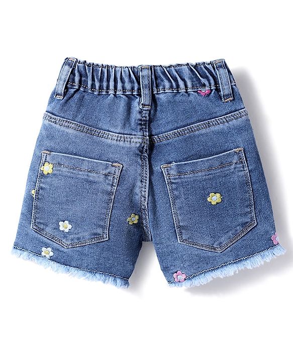 Babyhug Mid Thigh Washed Denim Shorts With Stretch & Floral Embroidery - Blue