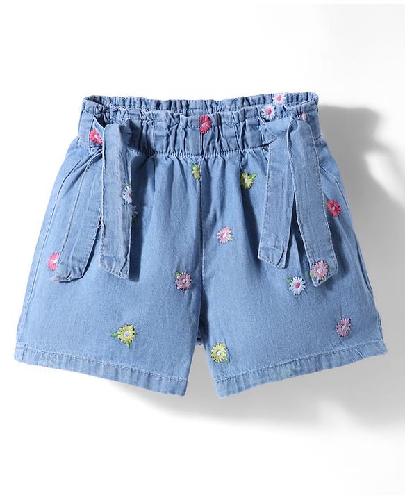 Babyhug Denim Mid Thigh Shorts With Floral Embroidery - Blue