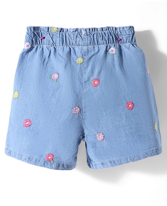 Babyhug Denim Mid Thigh Shorts With Floral Embroidery - Blue