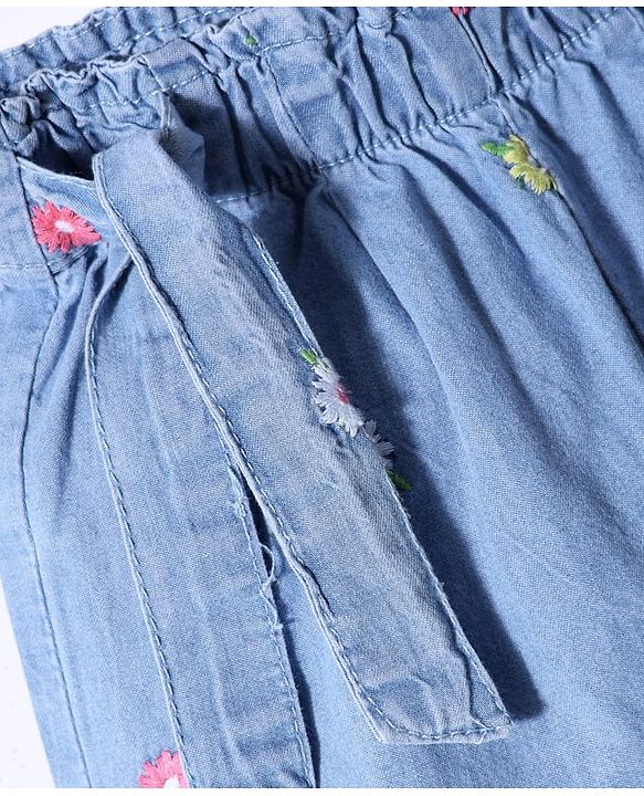 Babyhug Denim Mid Thigh Shorts With Floral Embroidery - Blue