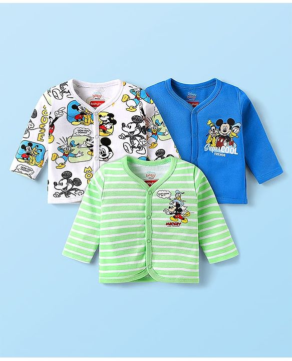 Babyhug Disney Interlock Full Sleeves Jhablas With Mickey Mouse And Family Graphic Pack Of 3  - Light Green & Blue