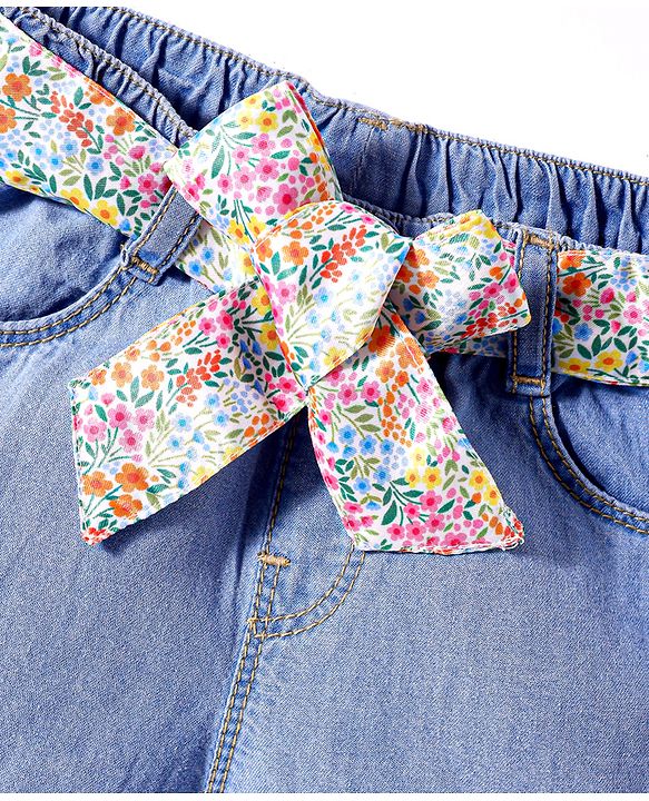 Babyhug Mid Thigh Washed Denim Shorts With Belt - Blue