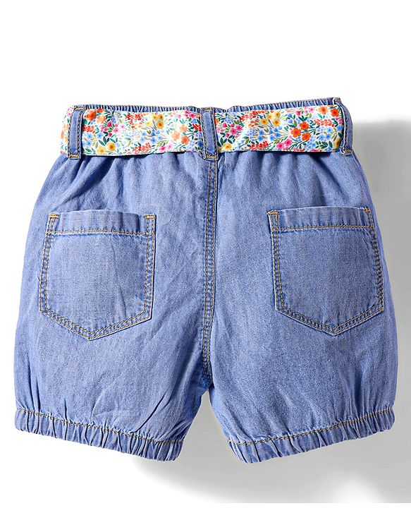 Babyhug Mid Thigh Washed Denim Shorts With Belt - Blue